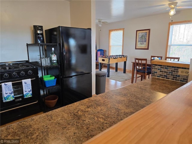 734 180th Ave, Apple River Twp, WI 54810 - kitchen with ceiling fan, black appliances, wood finished floors, and baseboards