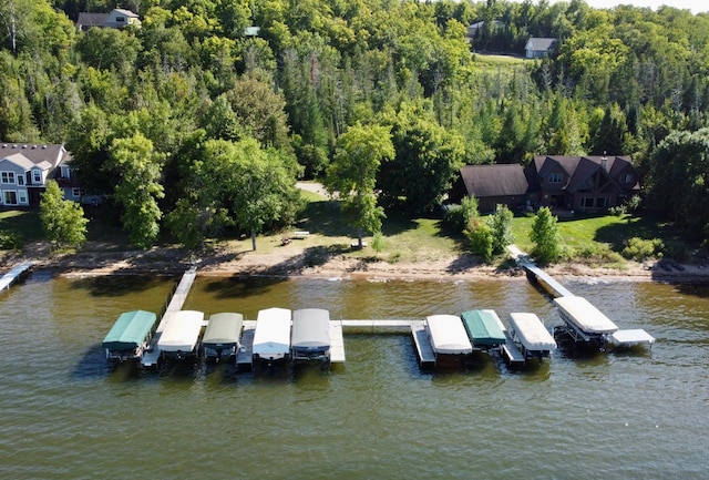 dock area with a water view and a forest view