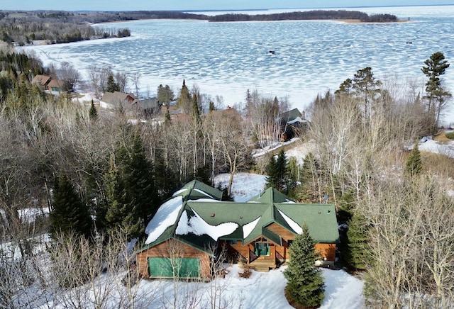 aerial view featuring a water view