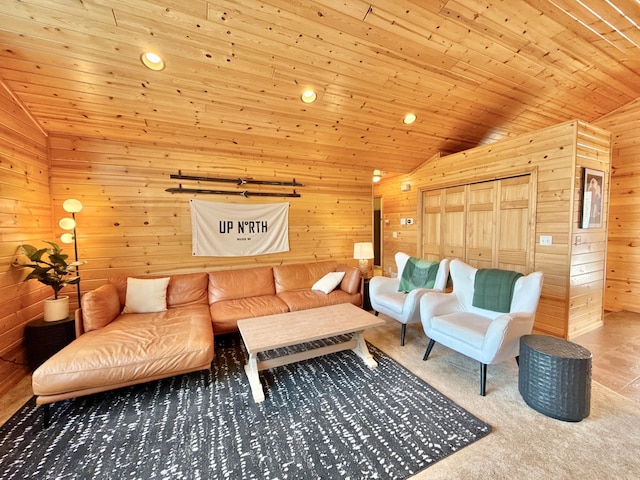 carpeted living area with recessed lighting, wooden ceiling, vaulted ceiling, and wood walls