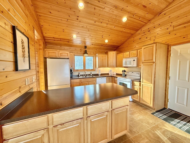 kitchen with light brown cabinetry, wood ceiling, a sink, white appliances, and a peninsula