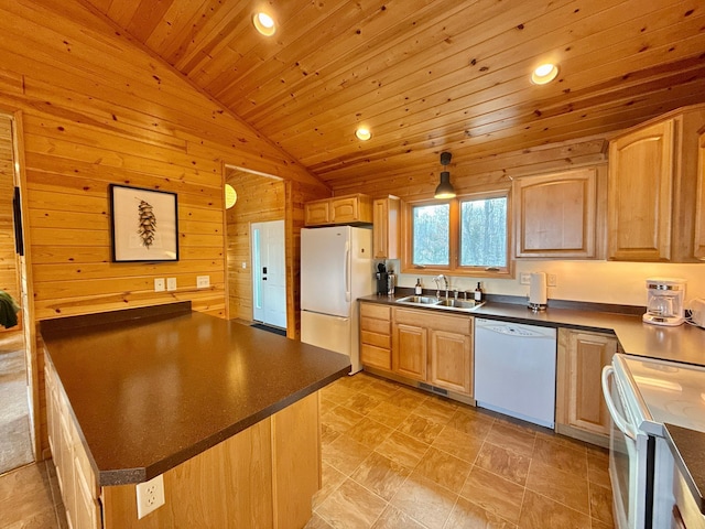 kitchen with wooden ceiling, white appliances, wood walls, a sink, and dark countertops