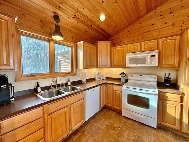 kitchen featuring wood ceiling, dark countertops, white appliances, and a sink