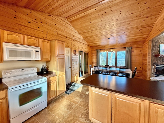 kitchen with wood ceiling, dark countertops, white appliances, and wood walls