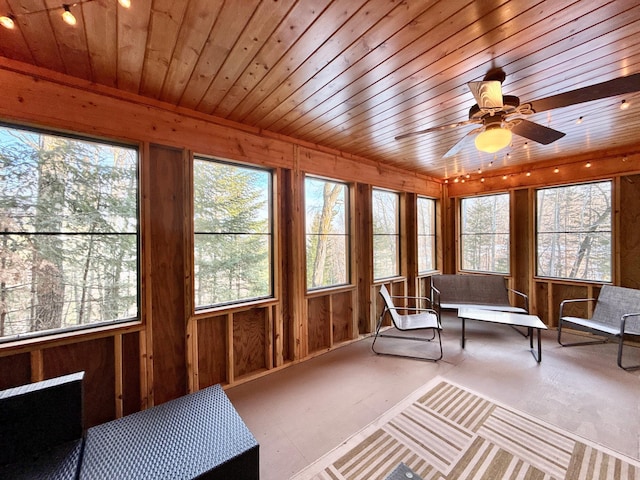 sunroom featuring wooden ceiling and ceiling fan