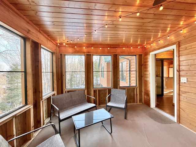 sunroom with wood ceiling