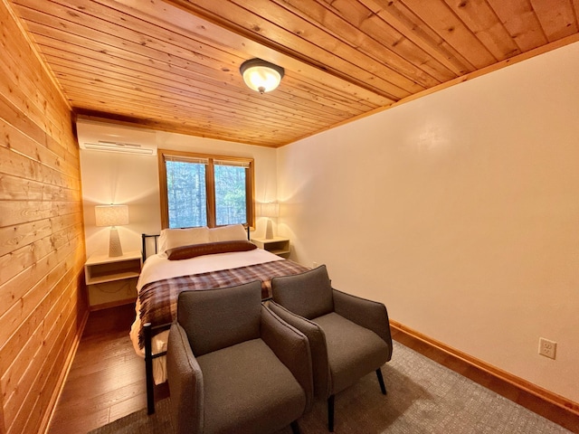 bedroom with hardwood / wood-style floors, a wall mounted AC, and wooden ceiling