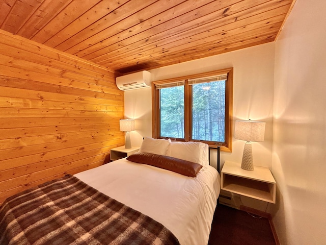 unfurnished bedroom featuring wooden ceiling, wood walls, and a wall mounted air conditioner