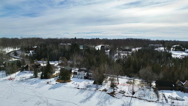 snowy aerial view with a forest view