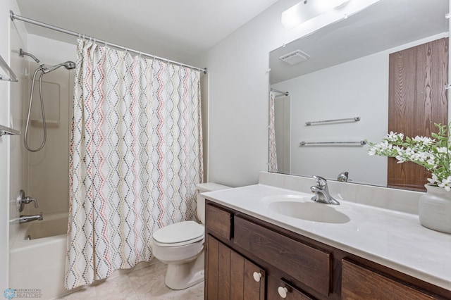 full bathroom with shower / bath combo, visible vents, toilet, tile patterned flooring, and vanity