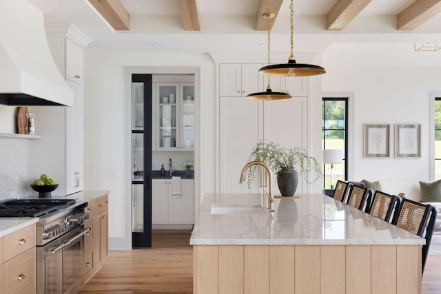 kitchen featuring a kitchen island with sink, stainless steel stove, a sink, light wood-type flooring, and custom exhaust hood