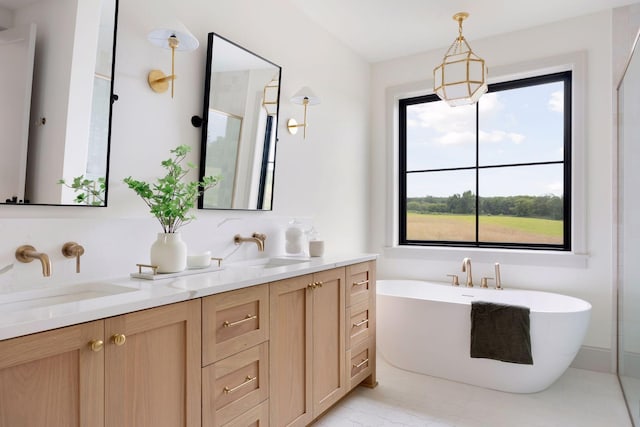 full bath featuring double vanity, a soaking tub, an enclosed shower, and a sink