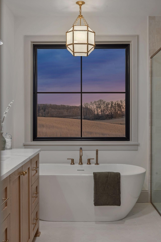 full bathroom featuring a freestanding bath, a tile shower, and vanity