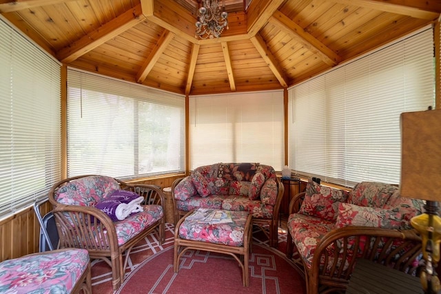 sunroom / solarium featuring wooden ceiling and vaulted ceiling with beams