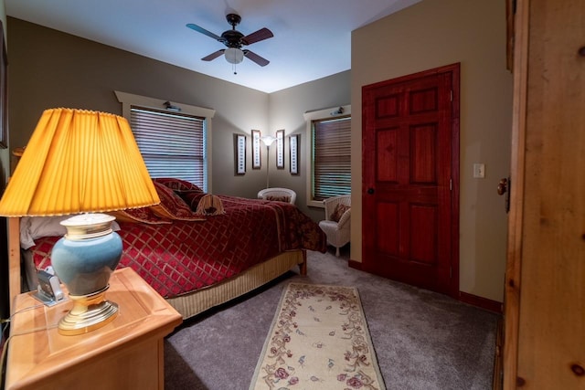 bedroom featuring carpet flooring, ceiling fan, and baseboards