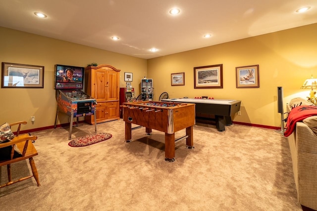 game room featuring baseboards, recessed lighting, and light colored carpet