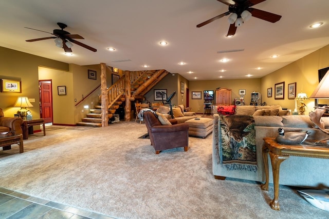 living room featuring ceiling fan, stairway, recessed lighting, and light colored carpet