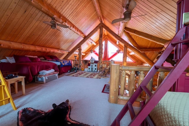 bedroom with wooden ceiling, carpet flooring, and vaulted ceiling with beams