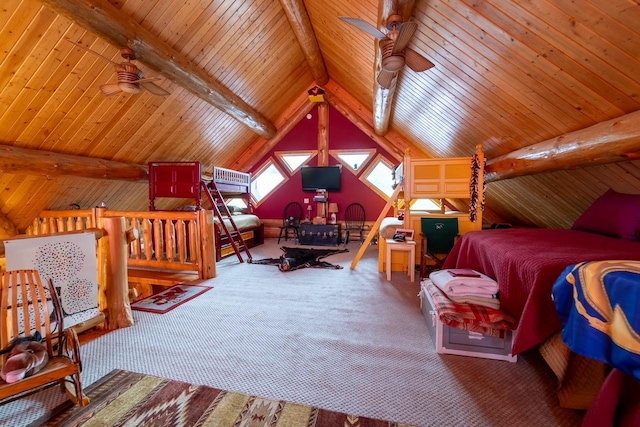 bedroom featuring wooden ceiling, carpet flooring, and lofted ceiling with beams