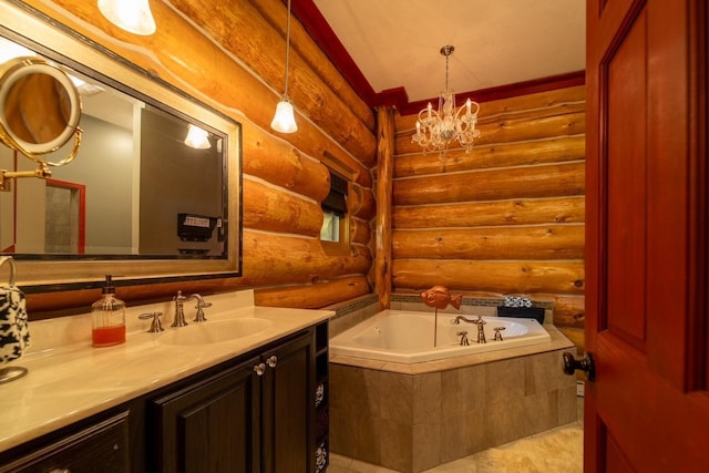 full bath with rustic walls, vanity, an inviting chandelier, and a bath