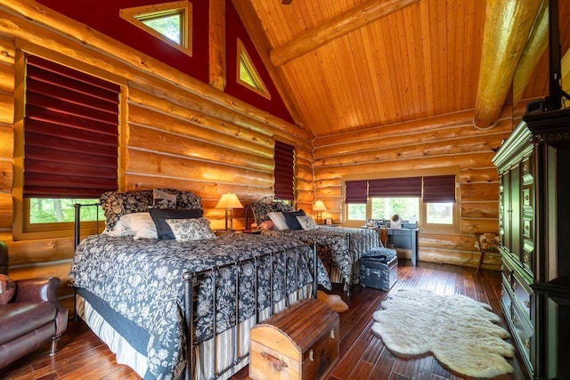 bedroom featuring high vaulted ceiling, multiple windows, beamed ceiling, and wood finished floors