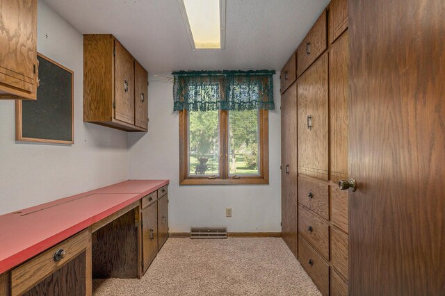 office featuring light carpet, baseboards, and visible vents