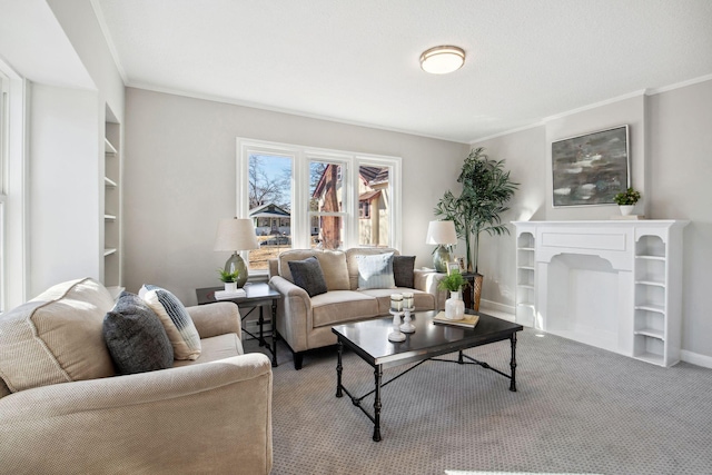 carpeted living room with a fireplace, baseboards, and crown molding