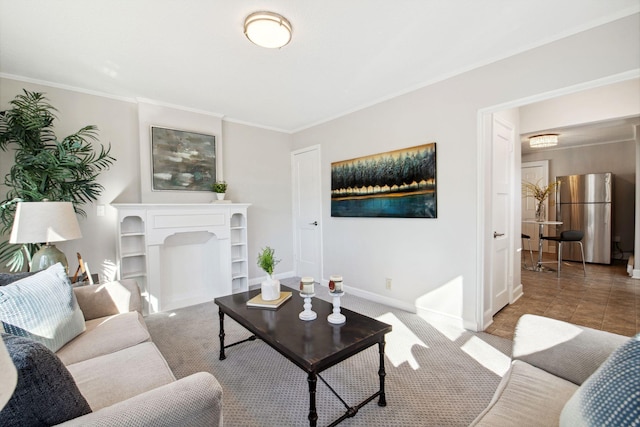 carpeted living room with a fireplace, baseboards, and crown molding