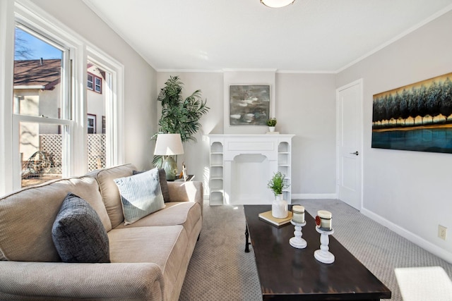 living area featuring crown molding, a fireplace, carpet flooring, and baseboards