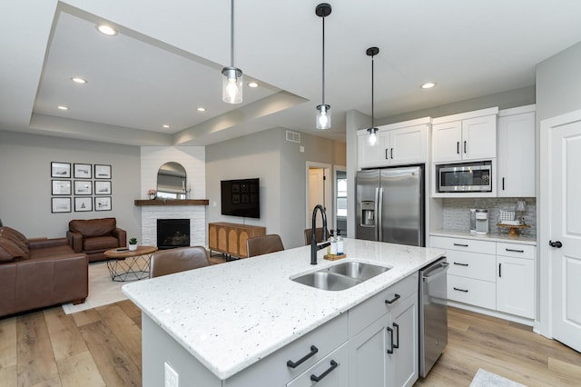1676 Brandt Dr NE, Byron, MN 55920 - kitchen featuring a sink, a raised ceiling, light wood-style flooring, and stainless steel appliances