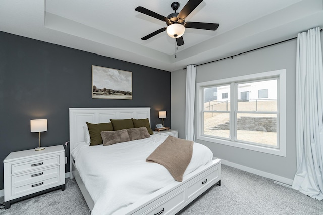 1676 Brandt Dr NE, Byron, MN 55920 - bedroom with ceiling fan, a raised ceiling, baseboards, and light carpet