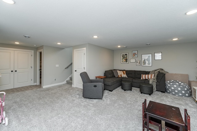 1676 Brandt Dr NE, Byron, MN 55920 - carpeted living room featuring recessed lighting, stairway, and baseboards