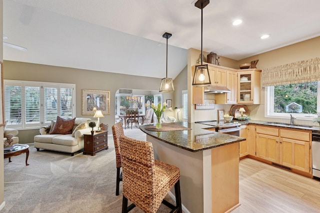 kitchen featuring light brown cabinets, a kitchen bar, a sink, and glass insert cabinets