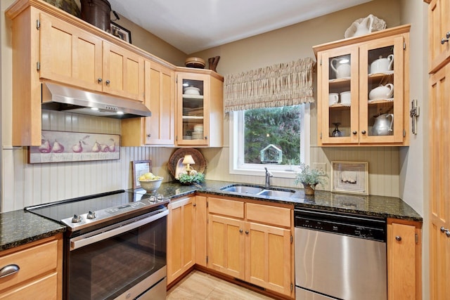 kitchen featuring appliances with stainless steel finishes, dark stone countertops, under cabinet range hood, light brown cabinets, and a sink