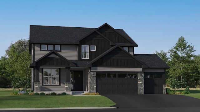 craftsman house featuring a garage, driveway, stone siding, a front lawn, and board and batten siding