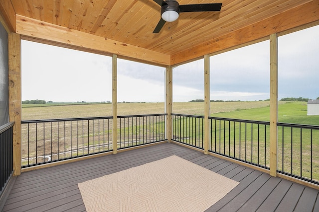 exterior space with a ceiling fan and a rural view