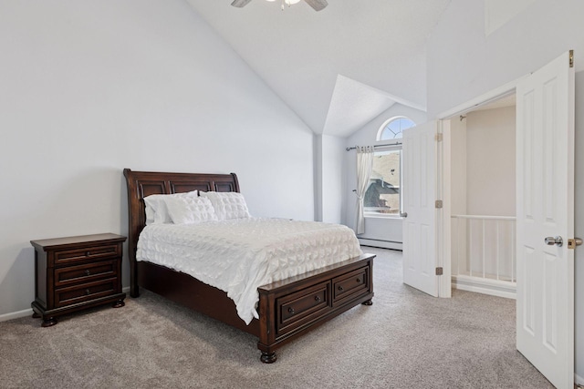 bedroom with vaulted ceiling, a baseboard radiator, a ceiling fan, and light colored carpet