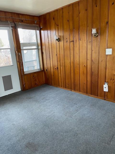 carpeted spare room with wood walls