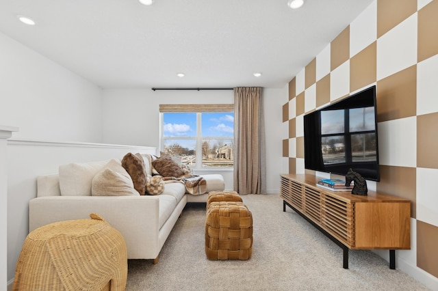 living room featuring light carpet and recessed lighting