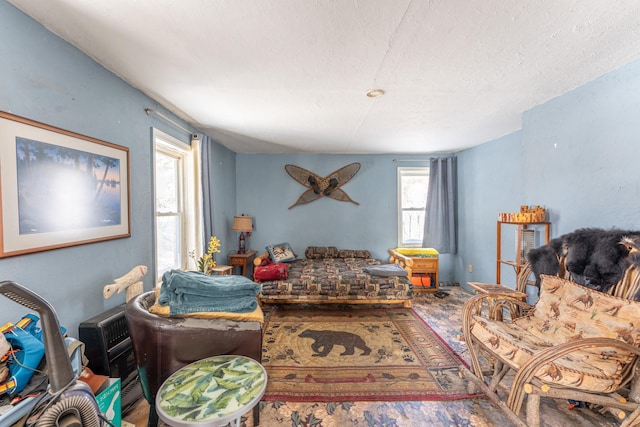 living area with a textured ceiling