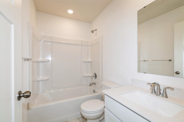 full bath featuring recessed lighting, toilet, vanity, and shower / bathing tub combination