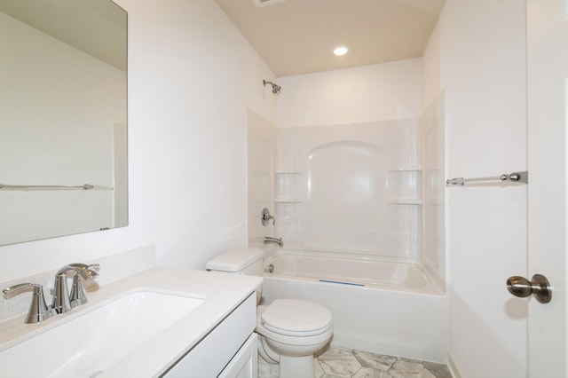 full bath with toilet, marble finish floor, recessed lighting, bathing tub / shower combination, and vanity