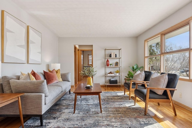 living area featuring wood finished floors and baseboards