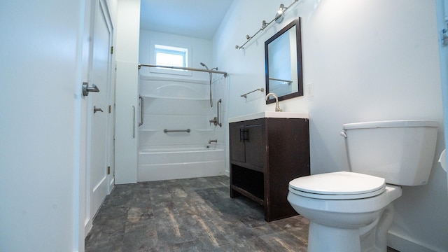 bathroom with toilet, vanity, wood finished floors, and shower / bathtub combination