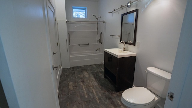 full bath featuring  shower combination, vanity, toilet, and wood finished floors