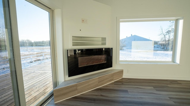 details featuring a glass covered fireplace, baseboards, and wood finished floors