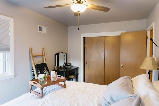 bedroom featuring a closet, visible vents, and a ceiling fan