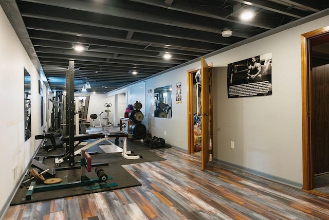 workout room with wood finished floors