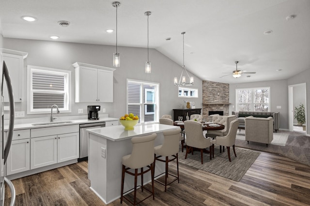 kitchen featuring a sink, a fireplace, stainless steel dishwasher, white cabinets, and dark wood-style flooring