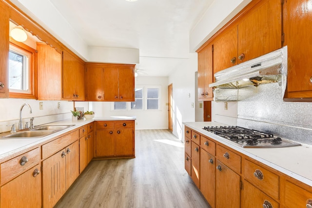 kitchen featuring stainless steel gas stovetop, light countertops, a sink, and under cabinet range hood